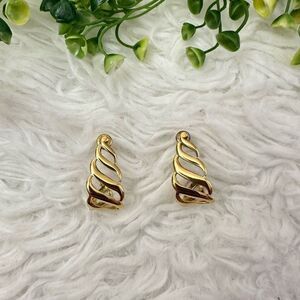 Monet Gold Tone J Hoops Wavy Pierced Stud‎ Earrings Stamped Vintage